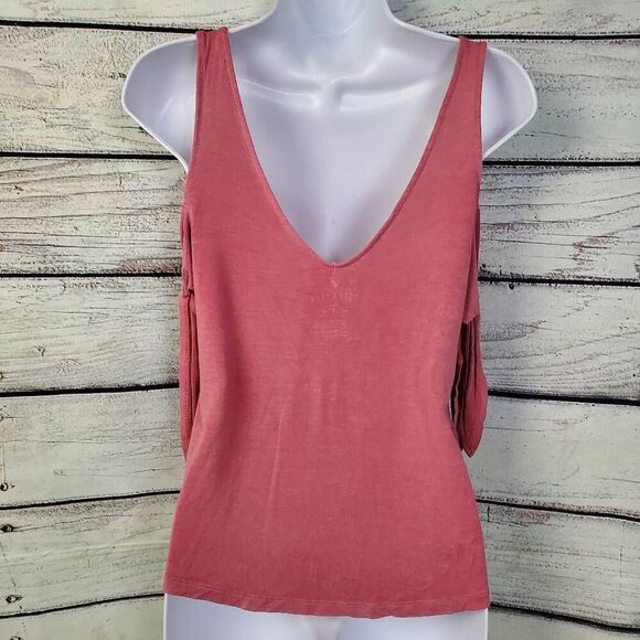 American Eagle Soft & Sexy Cold Shoulder Tie Sleeve Top XS Rose Pink Flowy Tee - Picture 4 of 7